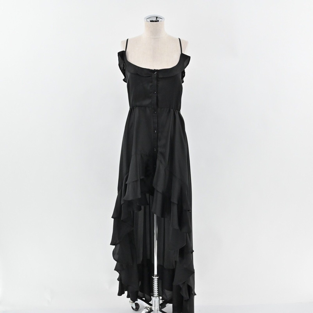 Suki So Button Front High Low Maxi Dress Womens Size S Black Ruffle Boho Goth